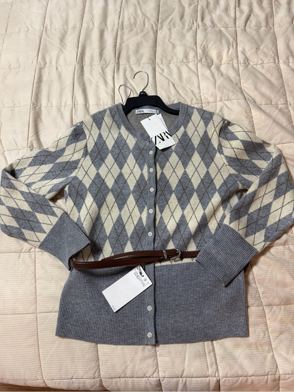 Zara Gray & Cream Argyle Button-Front Cardigan